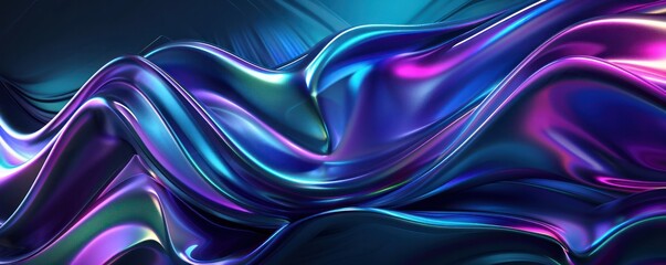 Wall Mural - 3D render panoramic abstract backgrounds colors iridescent curves lines purple blue green waves pink flowing gloss modern violet dark black minimal glow futuristic.