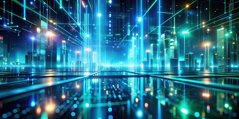 Aufkleber - Futuristic Cityscape with Illuminated Towers and Abstract Data Streams Reflecting on a Sleek Surface
