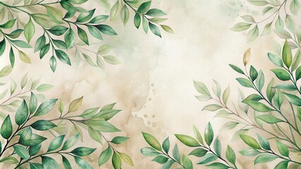 Poster - Elegant Watercolor Greenery Frame with a Soft Beige Background Perfect for Invitations, Cards, and Digital Projects