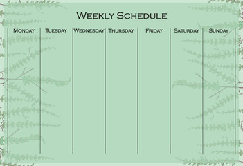 weekly schedule set icon. green leafy background with vertical layout for organizing weekly tasks in