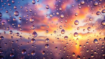 Aufkleber - Water droplets on glass reflecting a vibrant sunset