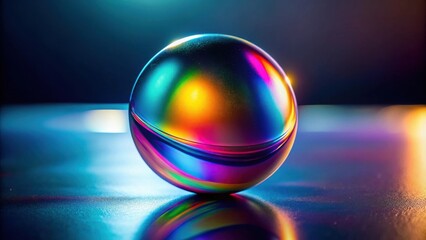Aufkleber - A vibrant iridescent sphere rests on a reflective surface, showcasing a spectrum of colors under dynamic lighting conditions