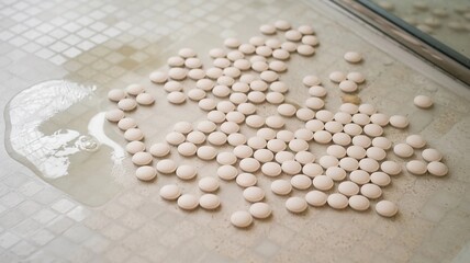 a photo of a large number of camphor tablets scattered on a clean bathroom floor. the tablets are wh