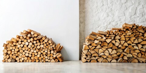 Aufkleber - Two stacks of neatly arranged firewood against a white wall and textured wall.