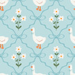 © Anna Bova - Cute floral seamless pattern with bows, flowers and goose. Preppy spring summer print. Cottagecore aesthetic. Cozy modern background. Vintage damask design for fabric, wallpaper or wrapping paper.