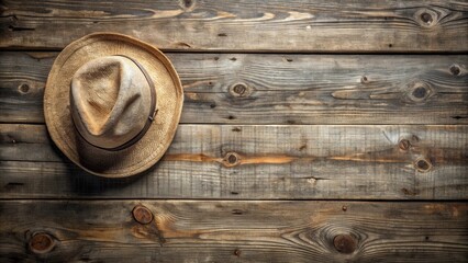 Poster - A weathered straw hat rests on aged wooden planks