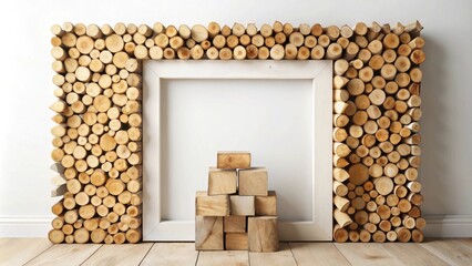 Poster - Rustic Wooden Log Frame with Stacked Cubes for Display