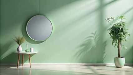Aufkleber - Serene Minimalist Room Decor with Pale Green Walls, Round Mirror, and Potted Plant