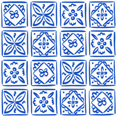 Italian blue ceramic tile pattern. Doodle sketch ink. Mediterranean porcelain pottery. Minimalist vector line art. Mexican talavera, portuguese azulejo, spanish majolica, arabesque motif.