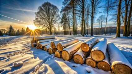 Poster - Winter Sunset Snow-Covered Logs in a Tranquil Forest