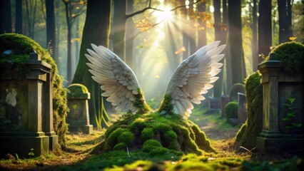 Poster - Serene forest cemetery scene featuring moss-covered headstones and a pair of majestic angel wings resting on a verdant mound bathed in sunlight