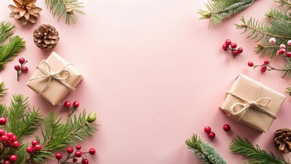 Aufkleber - A Festive Pink Background with Wrapped Gifts, Pine Cones, and Holly Berries