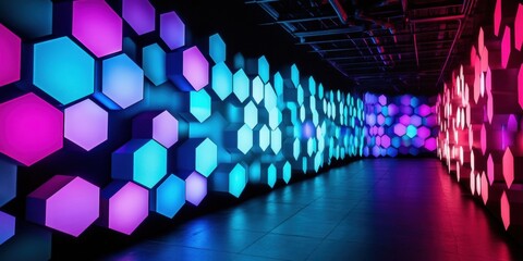 A giant 3D grid of hexagons with an immersive effect is a three dimensional illuminated structure that creates a feeling of endless digital space, with iridescences of blue, purple and turquoise.