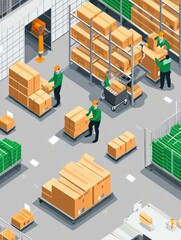 Poster - Efficient warehouse operations with workers packing orders and stacked grocery boxes in a modern isometric setting Generative AI