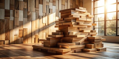 Aufkleber - Sunlit Wooden Blocks Stacked in a Modern Room
