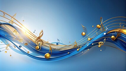 Poster - Abstract Musical Wave Design Golden Notes and Blue Swirls