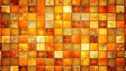 Poster - Warm-toned square tile mosaic wall texture background featuring autumnal hues of orange, brown, and gold