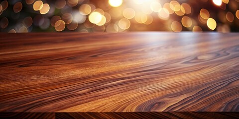 Aufkleber - Rich Wooden Tabletop with Warm Bokeh Background for Product Display