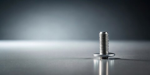 Poster - Close-up of a single metallic screw with a wide head standing upright on a reflective surface