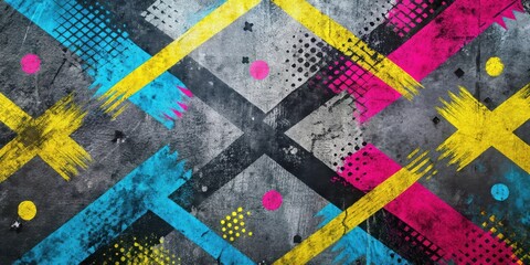Aufkleber - Abstract Urban Grunge Texture with Bold Cyan, Magenta, and Yellow Brushstrokes on a Gray Background