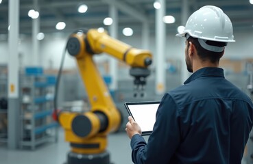 back view of engineer in white helmet, working with robotic arm in modern factory. man uses tablet f