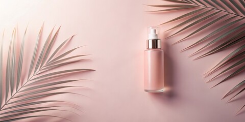 Aufkleber - Elegant Pink Lotion Bottle with Tropical Leaves on Blush Background
