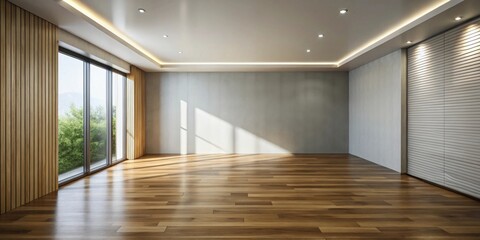 Aufkleber - Spacious sunlit room interior with hardwood floor, large window, and wood wall paneling