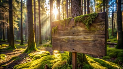 Poster - Sunlit Forest Path Sign  Rustic Wooden Board with Moss, Blank for Your Message