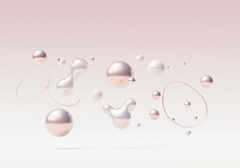 Wall Mural - abstract rose gold and white metallic spheres floating on pink background