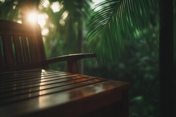 Aufkleber - Side view of a lush tropical wall showcasing banana and palm leaves, with soft sunlight filtering through, casting beautiful shadows. Perfect for a serene atmosphere