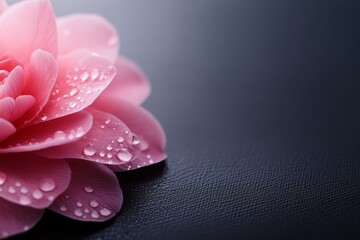 Fototapete - This side-angle macro shot showcases a delicate pink camellia flower with shimmering dewdrops, placed gracefully on a light gray fabric surface, emphasizing elegance