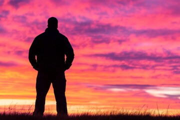 Aufkleber - A person stands confidently in silhouette as a warm sunset fills the sky with golden and vibrant hues, creating an inspiring and peaceful atmosphere