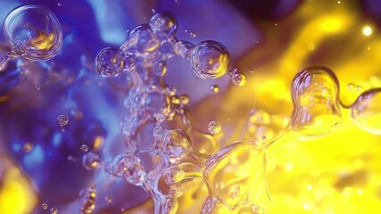 Poster - Shimmering bubbles form plastic, fluid shapes that seem to float in weightlessness. Their colors, ranging from deep blue to golden orange, give the scene a soft, hypnotic glow