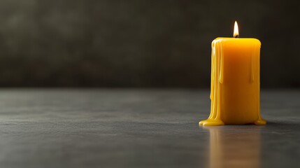Fototapete - A single Gothic-style candle melts softly, dripping wax onto a textured dark surface while casting dramatic shadows, creating an atmospheric and moody effect