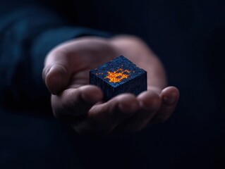 Poster - Future of Digital Innovation Quantum Computing Concept with Glowing Holographic Cube in Human Palm - Cutting-Edge Tech Visualization for Next-Generation Business Solutions