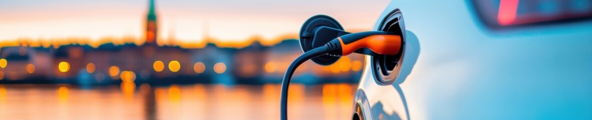 Aufkleber - Urban Green Mobility Cinematic Electric Vehicle Charging Experience at Stockholm Waterfront - Sustainable Tourism and Next-Gen Transportation Innovation