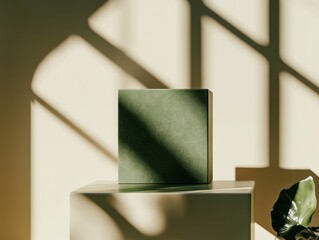 Poster - Minimalist Forest Green Podium Mockup Sustainable Design Showcase for Modern Branding, Eco-Conscious Product Presentation with Soft Natural Lighting