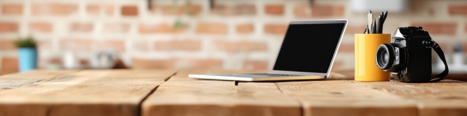 Fototapete - Urban Creative Workspace Minimalist Digital Freelance Setup with Rustic Wooden Desk, Modern Laptop and Professional Equipment - Hybrid Work Inspiration