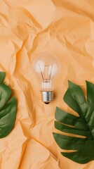 Poster - Eco-Innovation Essentials Minimalist Green Energy Concept with Lightbulb and Monstera Leaves - Sustainable Design Inspiration for Next-Gen Creative Marketing