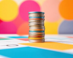 Poster - Vibrant Financial Growth Visualization Modern Investment Strategy with Stacked Metallic Coins on Dynamic Colorful Background - Millennial Wealth Building Concept