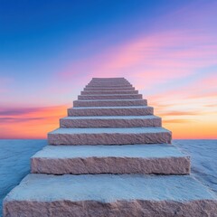 Aufkleber - Ascending Gradient Pathway Minimalist Stone Staircase Visualizing Strategic Growth and Entrepreneurial Elevation Against Ethereal Sunset Landscape
