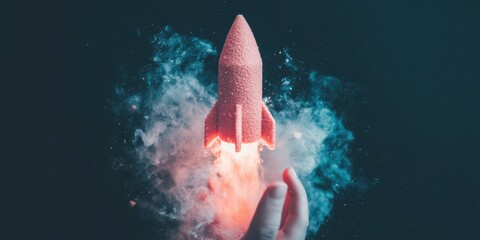 Fototapete - Quantum Leap Innovation Futuristic Digital Rocket Launch with Human Hand, Pioneering Tech Disruption and Market Acceleration Visual Metaphor