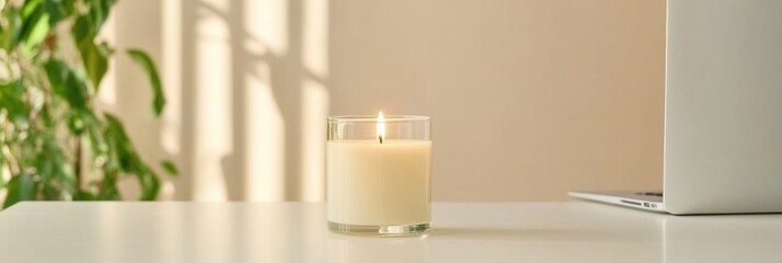 Aufkleber - Minimalist Mindfulness Soft-Glow Wellness Candle in Serene Home Office - Productivity-Enhancing Nordic Workspace Design for Modern Professionals