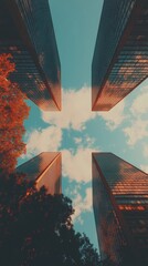 Poster - Urban Vertigo Geometric Financial District Skyline - Immersive Corporate Perspective Revealing Economic Dynamism and Architectural Innovation in 8K Resolution