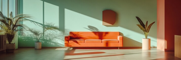 Leinwandbilder - Minimalist Living Spaces Vibrant Orange Sofa in Tranquil Open-Concept Interior with Natural Light, Biophilic Design and Modern Architectural Harmony