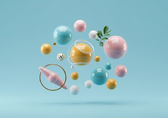 Wall Mural - floating pastel spheres and gold accents on blue background