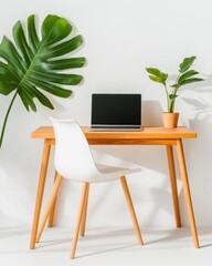 Poster - Scandinavian Minimalist Home Office Elegant Wooden Workspace with Biophilic Design - Inspiring Remote Work Solution for Modern Professionals and Creative Entrepreneurs