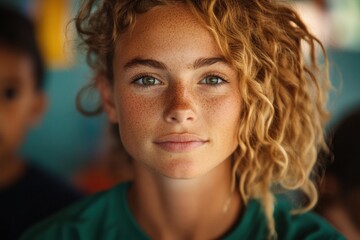 Aufkleber - Empowered Gen Z Learning Inclusive Classroom Authenticity with Dynamic Curly-Haired Student in Vibrant Educational Mindfulness Setting