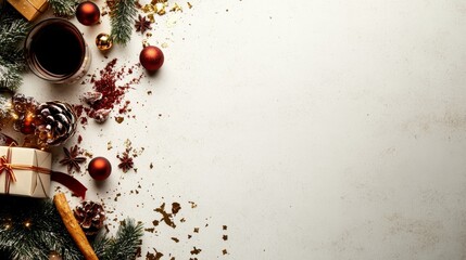 Aufkleber - Christmas fir branches frame neatly wrapped gift boxes, red baubles, and golden confetti adorned on pristine white background, creating a festive atmosphere