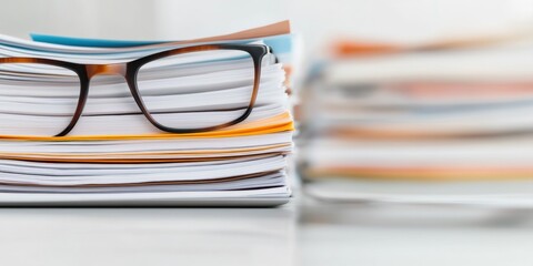 Leinwandbilder - Minimalist Productivity Workflow Sleek Eyewear on Organized Paper Stacks - Digital Transformation for Gen Z Professional Efficiency and Streamlined Workspace Design